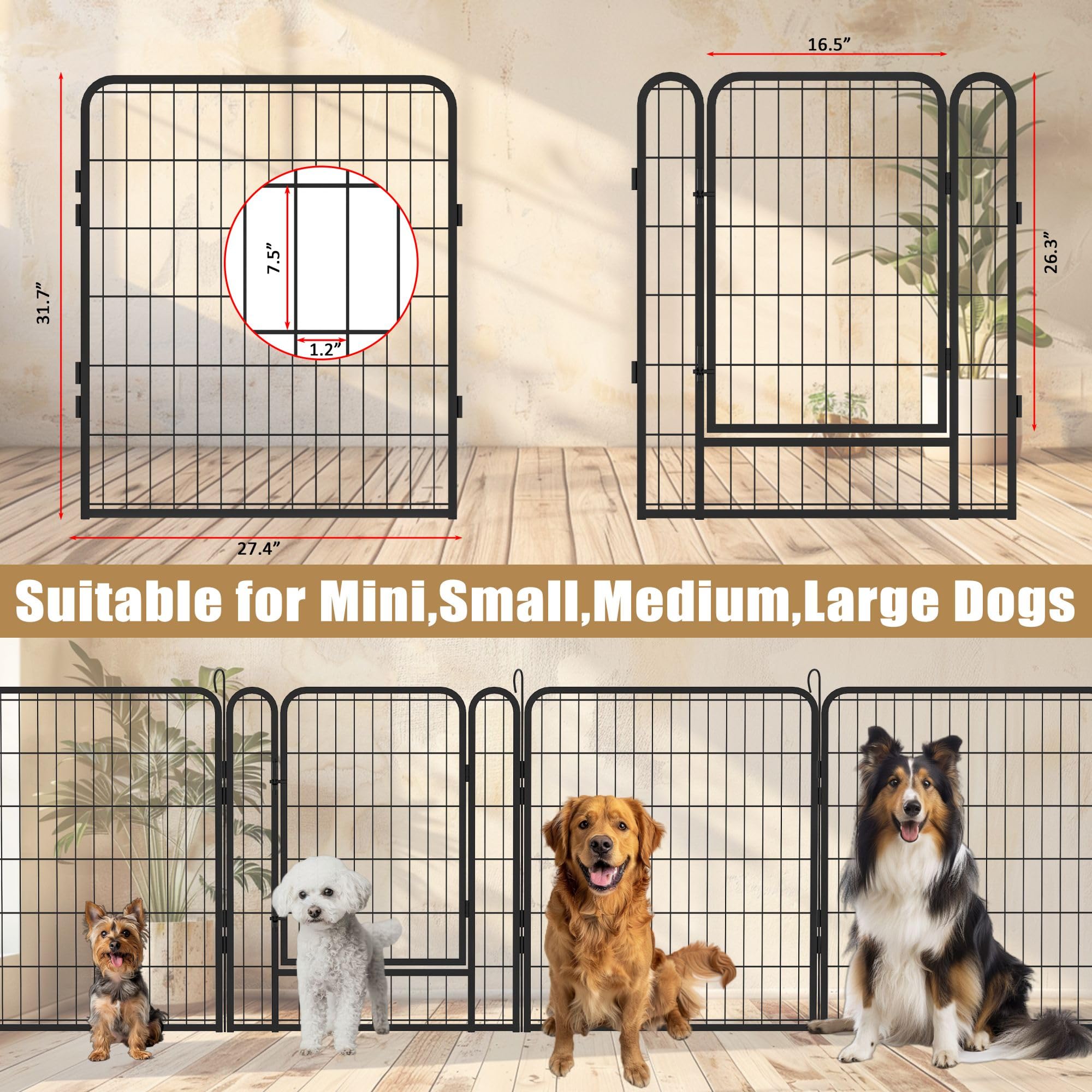 Dog Playpen Indoor - Pet Fence Puppy Exercise Pen For Yard Gate 6/8/12/16Panel Heavy Duty Crates With Doors Metal Dog Pen For Ca